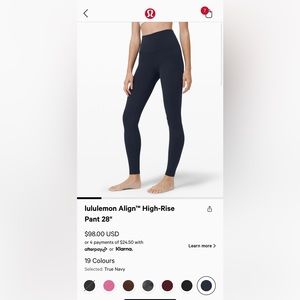 Lululemon Navy Align Pants 28"